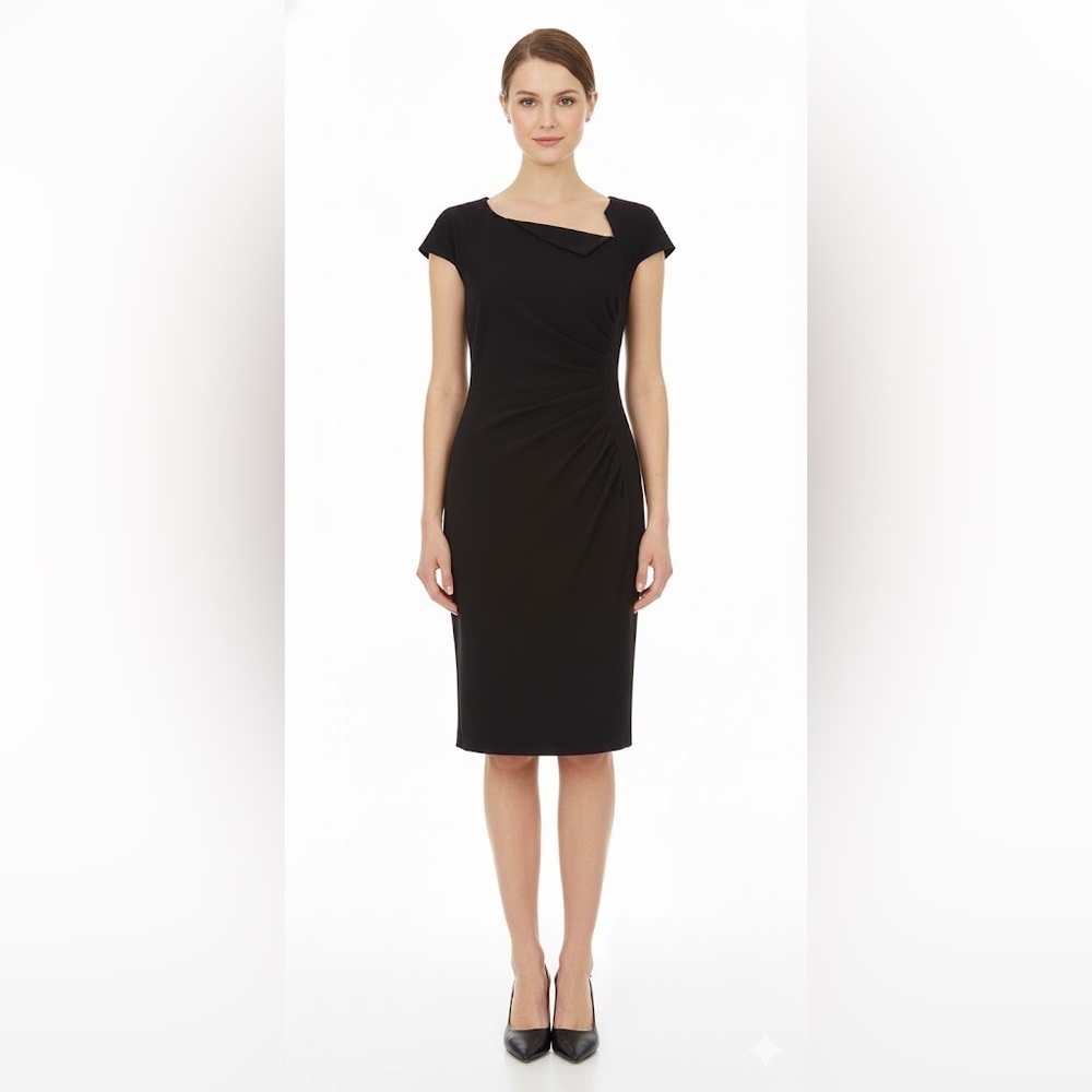 LK Bennett Black Cap Sleeve Classic Midi Sheath Dress LBD Size 8 Old Money